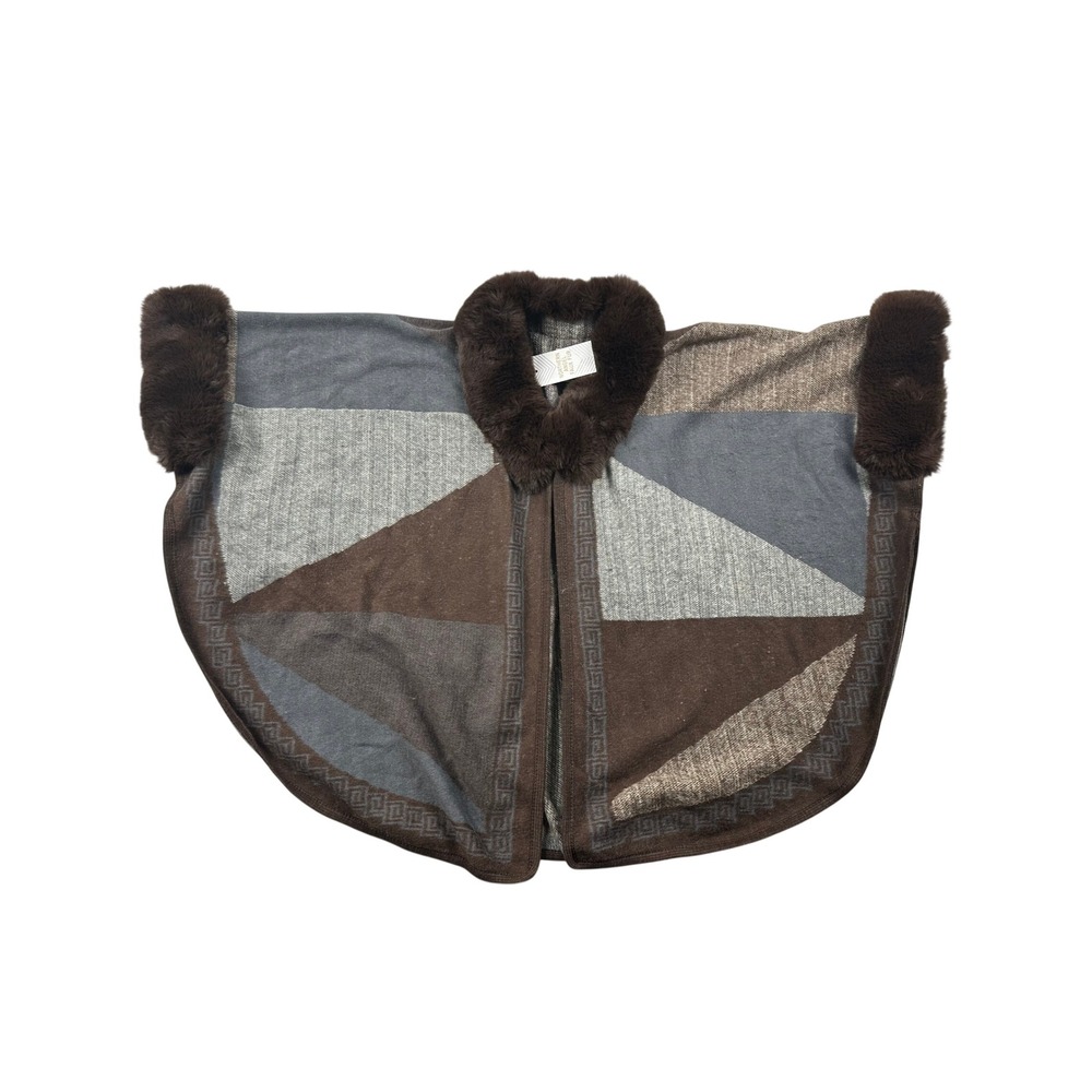 Northern Angel Faux Fur Trim Poncho Geometric Colorblock Cape Brown Grey NEW